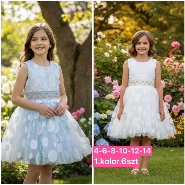 Sukienki dziewczęce Roz 4-14, 1 kolor Paczka 6 szt